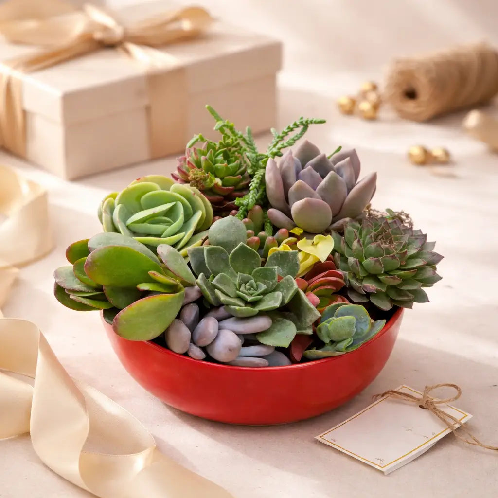 Bowl of succulents on a table with gift boxes and ribbons in the background