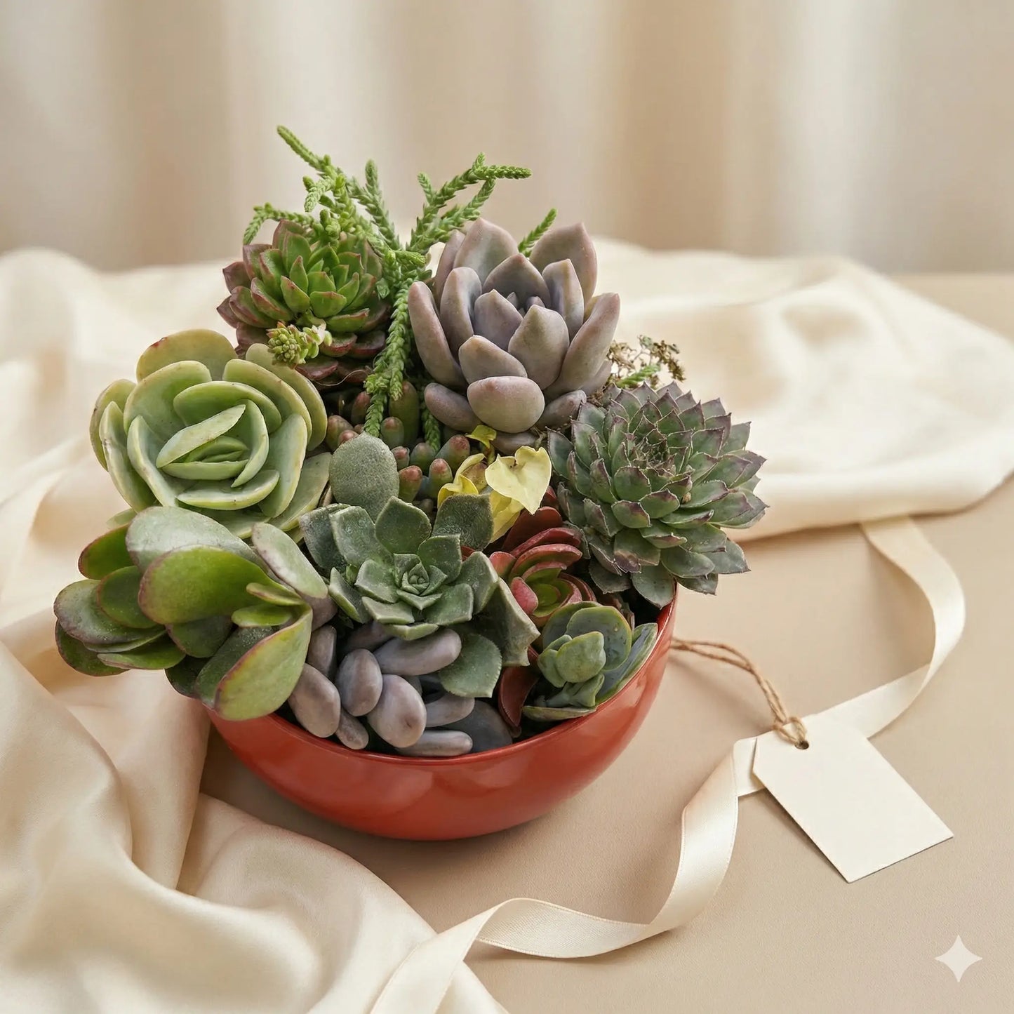 Bowl of succulents with a decorative tag on a beige fabric background