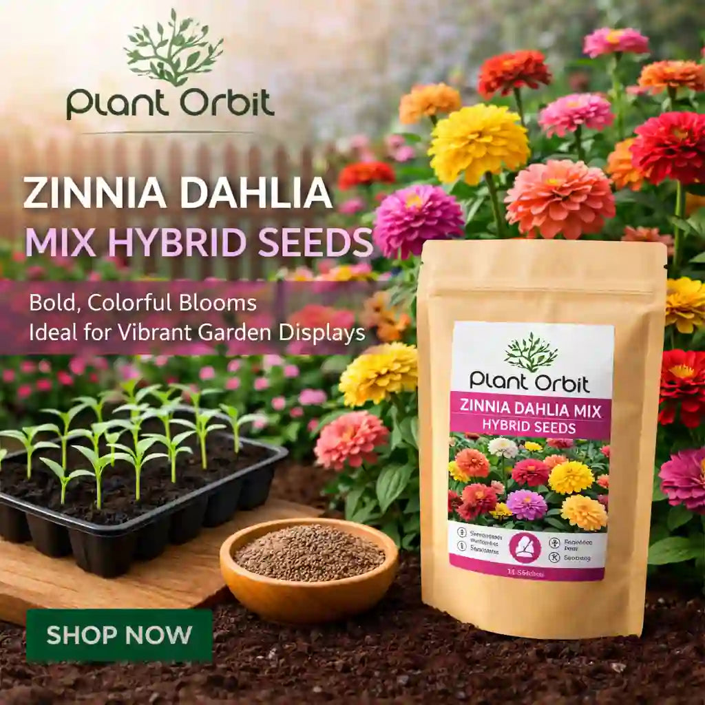 Zinnia Dahlia Mix hybrid seeds package with plants and flowers in the background, featuring Plant Orbit branding.