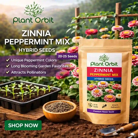 Zinnia peppermint mix hybrid seeds packaging with garden scene and 'Plant Orbit' branding.