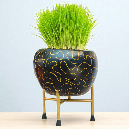 Black Metal Pot with golden strips 1026 A